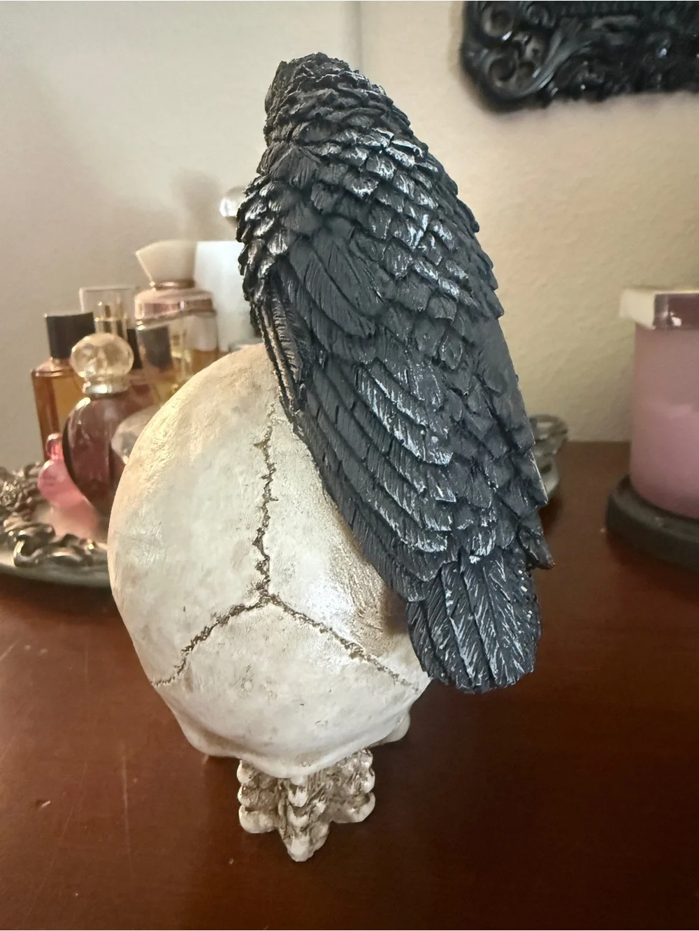Decorative Ivory Skull Accent with Black Raven and Purple Flowers - Picture 3 of 5